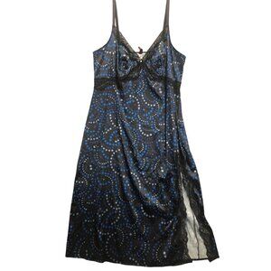 Adore Me 1X Blue Slip Dress Starry Night Nightgown Black Lace Adj Straps NEW